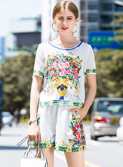 White Floral Print Loose Two-piece Outfits